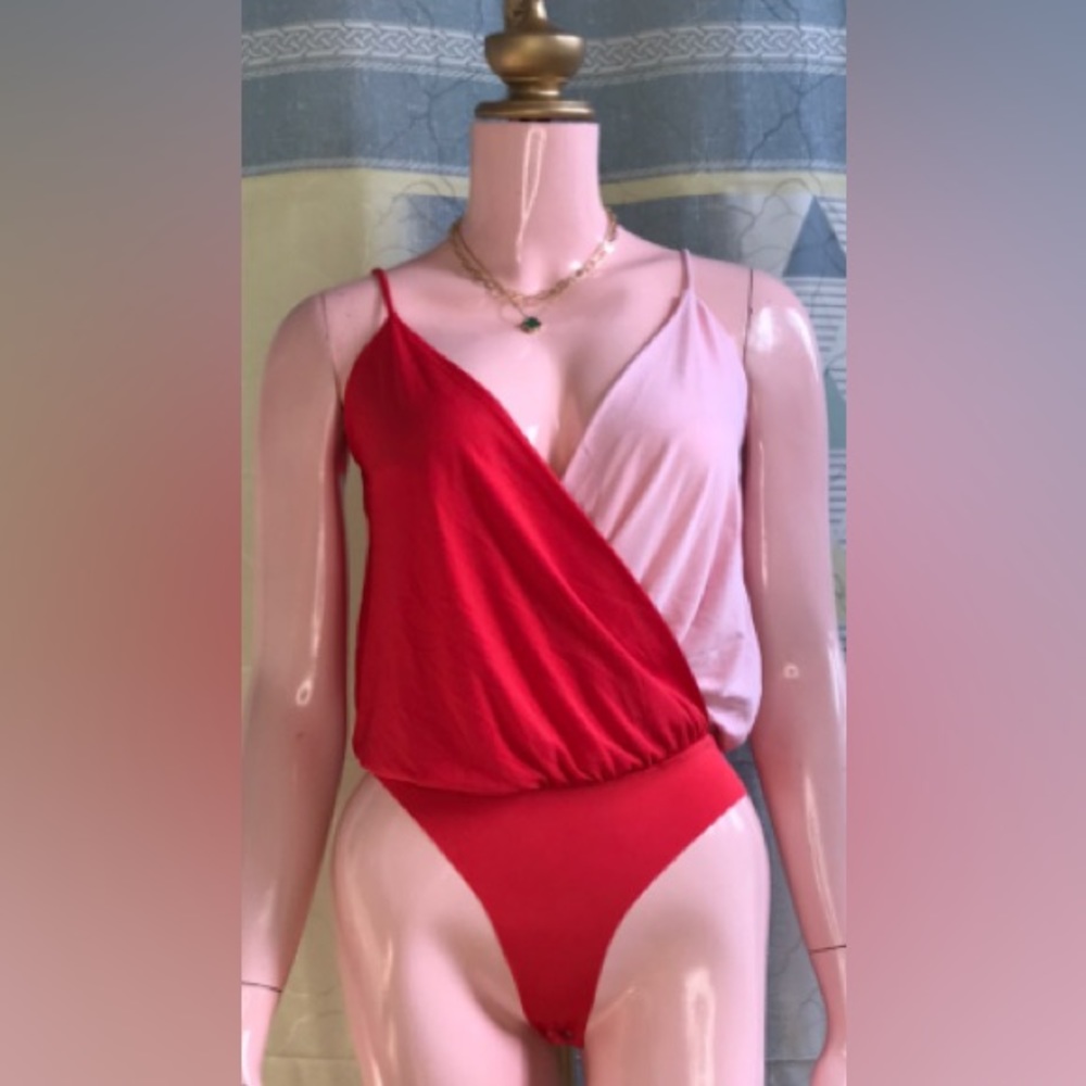 Bershka Red & Pink Color Block Bodysuit